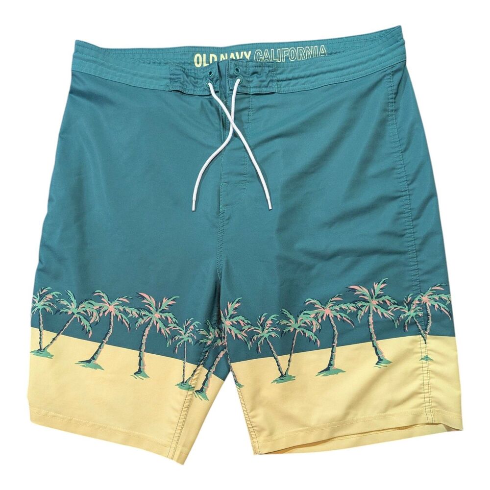 Old Navy California Men's Board Shorts Swim Trunks Green Palm Trees Size 38